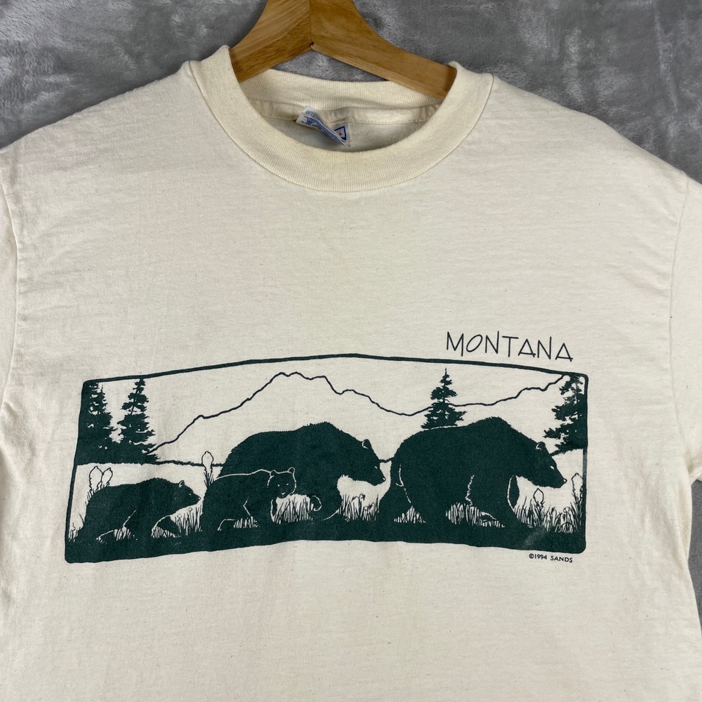 Vintage Hanes T-Shirt Mens M Cream Montana Bear Graphic 1994 Single Stitch
